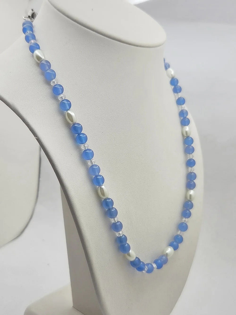 Blue Glass Beaded Faux Pearl & Crystal Accent Strand Necklace - 19